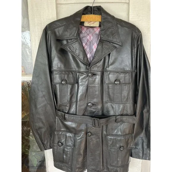 Vintage 1970s Lomeli Of California Leather Jacket Belted Size 42 Mens Black - Picture 9 of 16